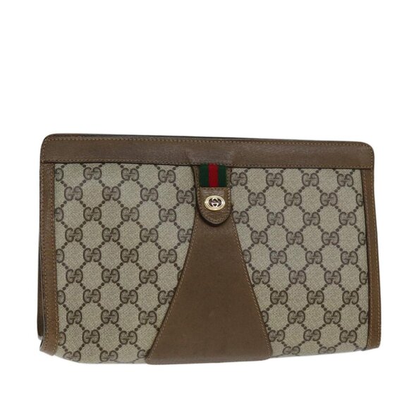 GUCCI GG Supreme Web Sherry Line Clutch Bag PVC Beige Red 89 01 033 Auth yk12556 - Picture 1 of 16